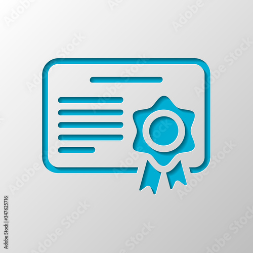 Document of certificate with award, linear outline icon. Paper design. Cutted symbol with shadow