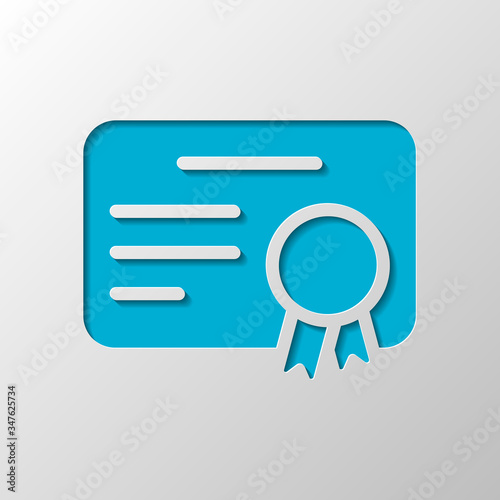 Document of certificate with award, diploma icon. Paper design. Cutted symbol with shadow