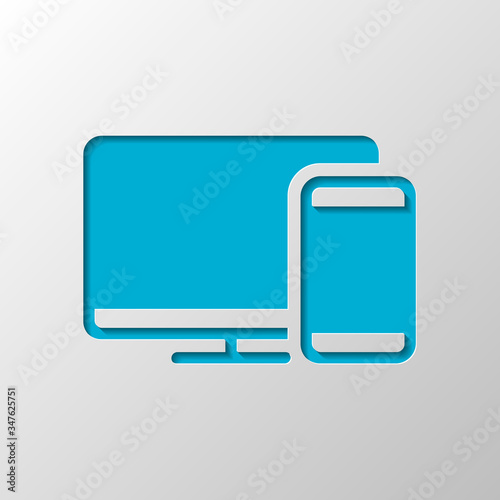 Computer and phone, technology icon. Paper design. Cutted symbol with shadow