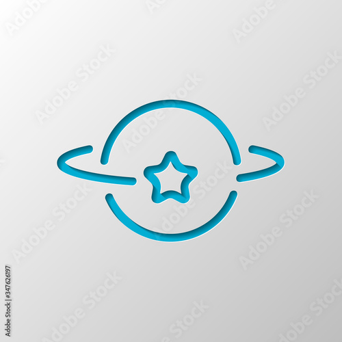 Planet and star, satellite on orbit, outline linear icon. Paper design. Cutted symbol with shadow