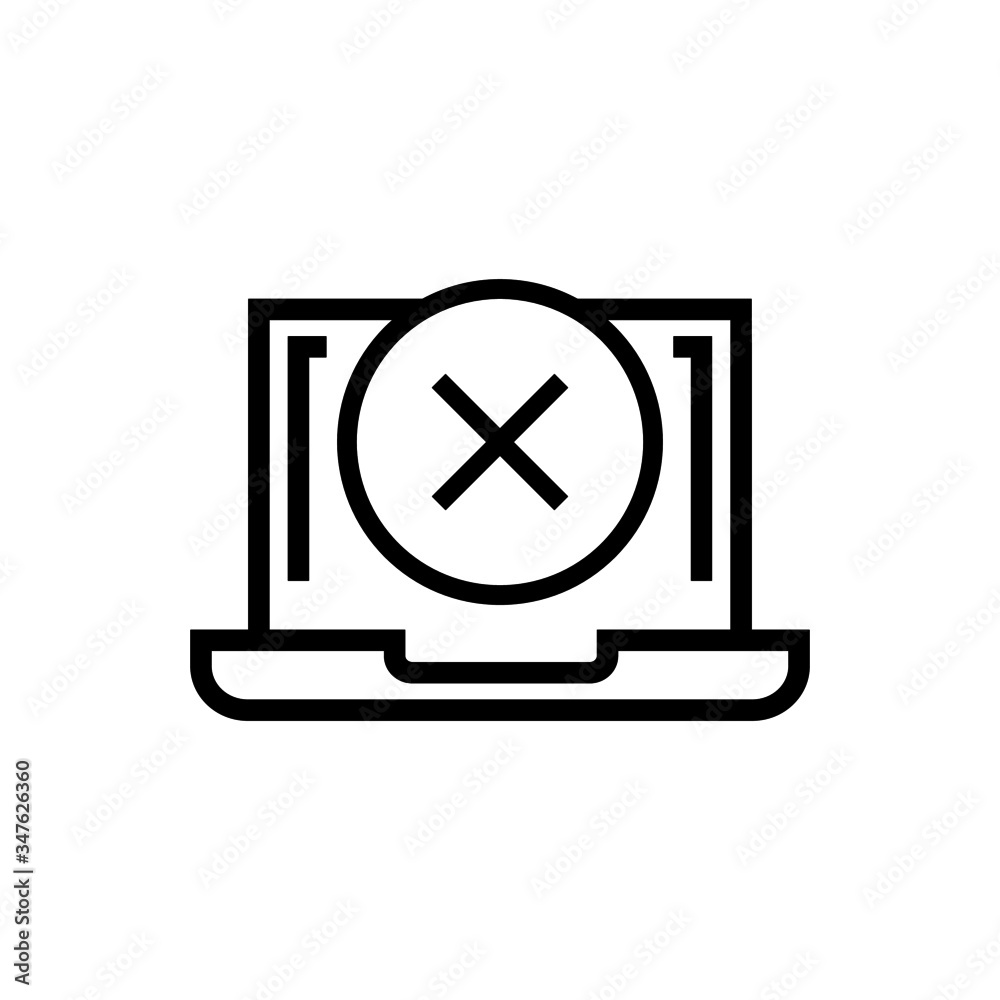 Laptop icon with cancel sign in lineart style on white background, Notebook icon and close, delete, remove symbol Laptop icon with cancel sign in lineart style on white background, Notebook icon and close, delete, remove symbol