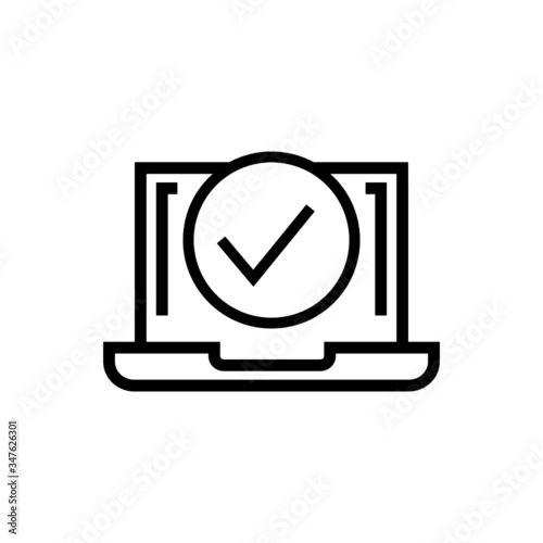 Laptop icon with check sign in lineart style on white background, Notebook icon and approved, confirm, done, tick, completed symbol 