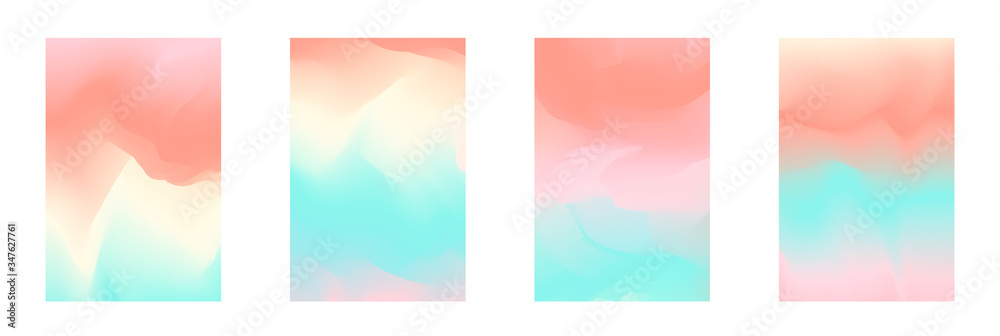 Abstract tender pastel coral and teal blue vibrant gradient colors backgrounds for fashion flyer, brochure design. Set of soft, delicate wallpaper for mobile apps, ui design, banner, poster