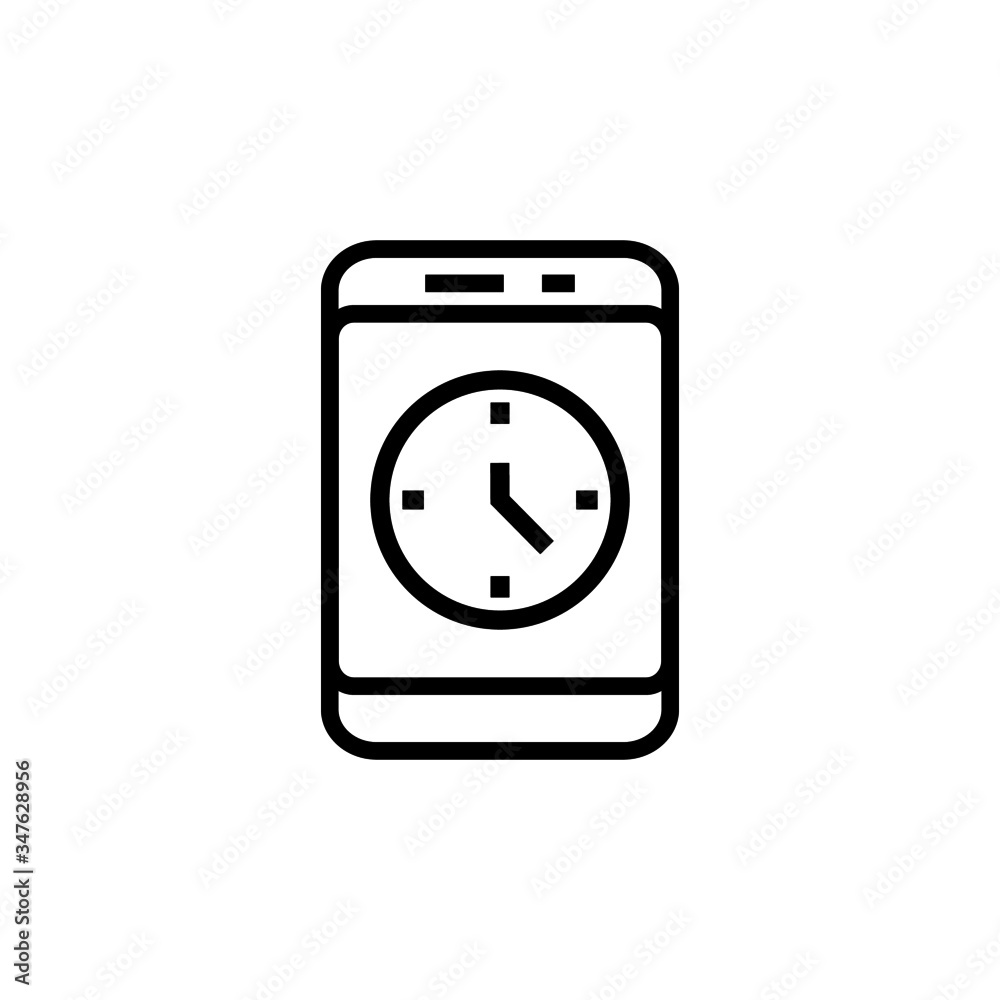 Smartphone or phone receiving message icon with clock sign, countdown, deadline, schedule, planning symbol in outline style on white background, Smartphone or phone receiving message icon with clock sign, countdown, deadline, schedule, planning symbol in outline style on white background,