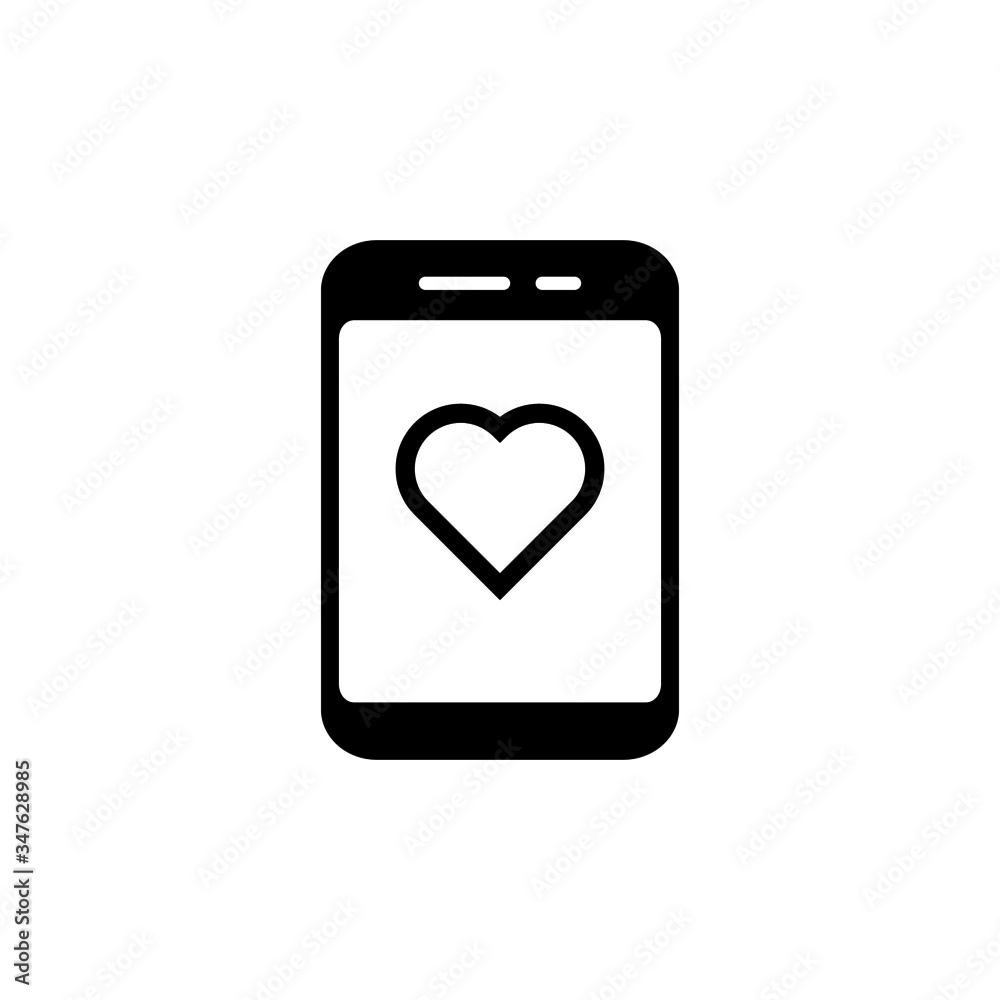 Smartphone or phone receiving message icon with heart sign, favorite, like, love, care symbol in black flat designe on white background, Smartphone or phone receiving message icon with heart sign, favorite, like, love, care symbol in black flat designe on white background,