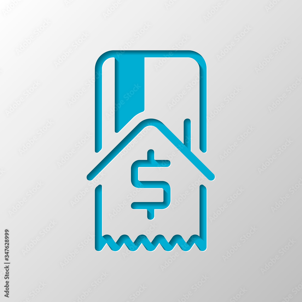 Buy house, credit card and receipt with dollar sign. Paper design. Cutted symbol with shadow Buy house, credit card and receipt with dollar sign. Paper design. Cutted symbol with shadow
