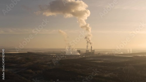 Power plant polluting the atmosphere in Visonta, Matra, aerial drone footage photo