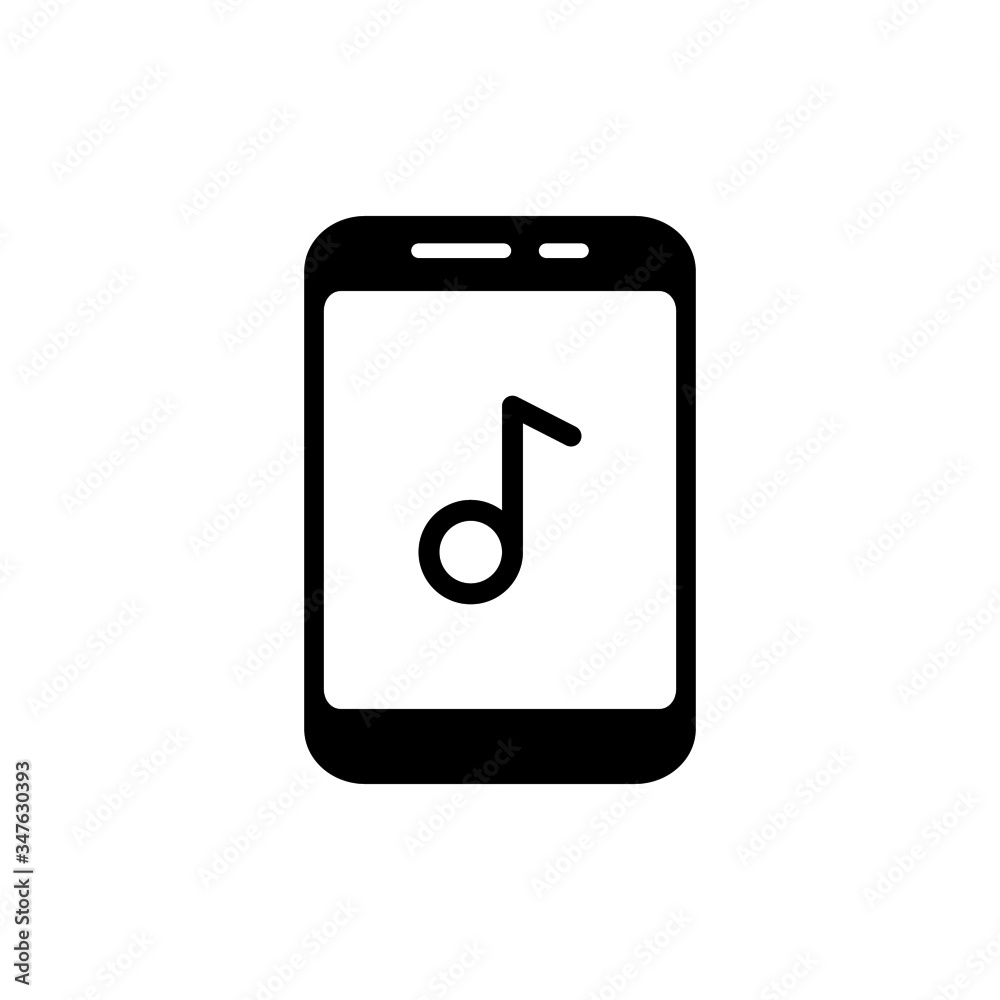 Smartphone with musical note icon in black flat design on white background, Mobile phone music outline vector icon, Symbol, logo illustration, Vector graphics Smartphone with musical note icon in black flat design on white background, Mobile phone music outline vector icon, Symbol, logo illustration, Vector graphics
