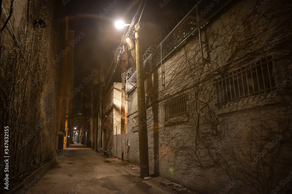 Fototapeta Dark and eerie urban city alley at night
