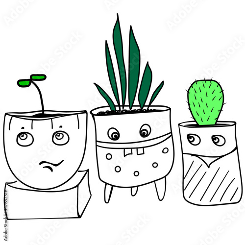 Three cute pots with home plants in doodle style, vector illustration of plant pots with funny faces, cute characters for home gardening projects design