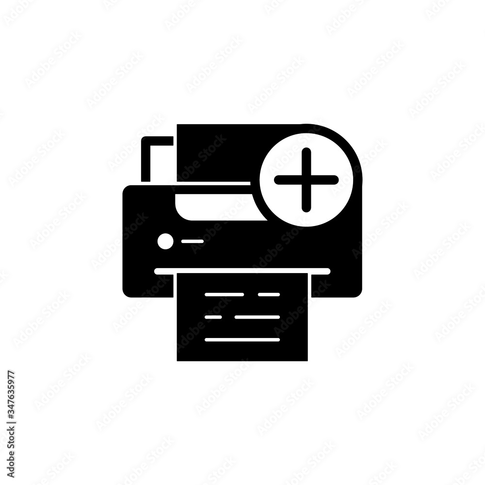 Printer icon, technology icon with add sign icon in black flat on white background, Printer icon and new, plus, positive symbol, Vector illustration Printer icon, technology icon with add sign icon in black flat on white background, Printer icon and new, plus, positive symbol, Vector illustration