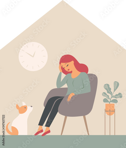 The psychological impact of coronavirus quarantine lockdown. Woman sitting alone inside her house, feeling stress emotion, depression.