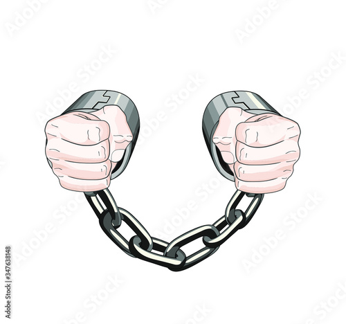 Chained white person. slave captive. Handcuffs. Vector graphic illustration