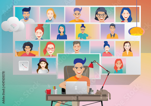 Video conferencing People on the laptop screen who go with colleagues, top view, video conferencing, and online education for men and women. Quarantine yourself to prevent from COVID -19 vector.