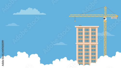 Detailed flat vector illustration of a tower crane and a tall building on a blue background with clouds. Global Engineering Day. Feel free to use only parts of the illustration too.