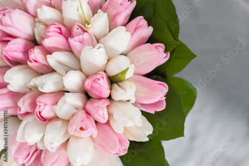 Bouquet of flowers. Pink and white tulips.