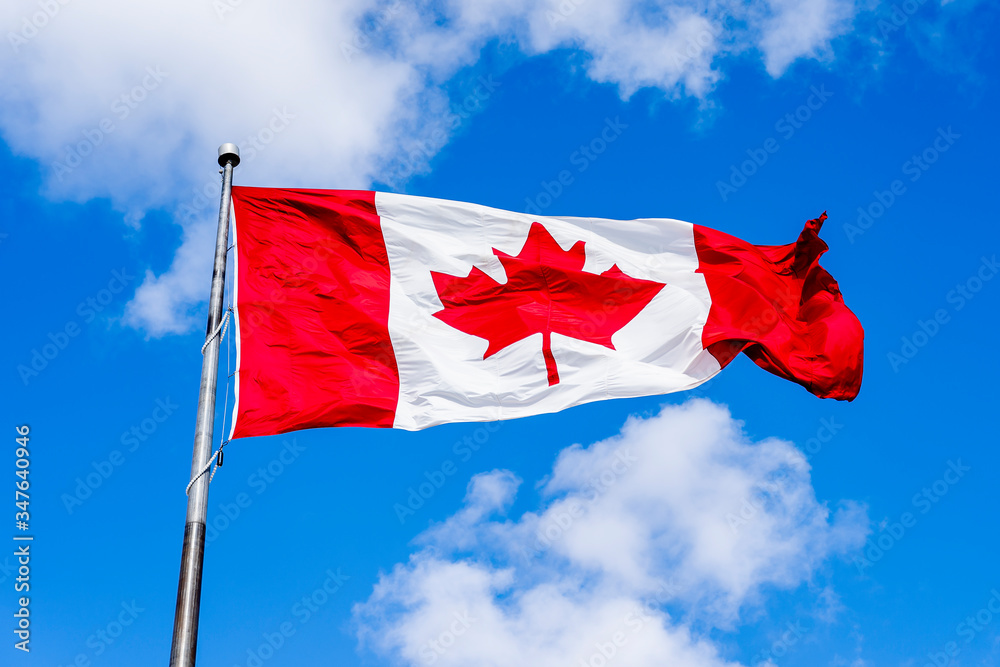 Waving Canadian flag with blue sky in background Waving Canadian flag with blue sky in background