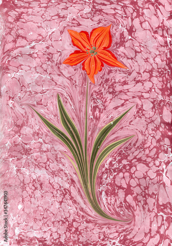Red flower and pink marbling background decoration vector. Traditional Turkish Ebru technique