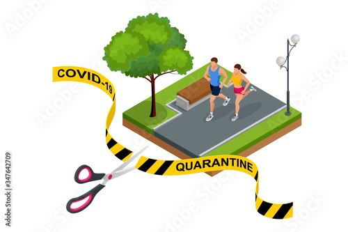Quarantine is over, coronavirus is finish. Lockdown end inscription, Coronavirus Quarantine End, Pandemic Over isometric concept