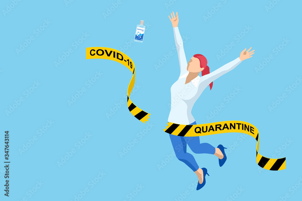Quarantine is over, coronavirus is finish. Lockdown end inscription, Coronavirus Quarantine End, Pandemic Over isometric concept