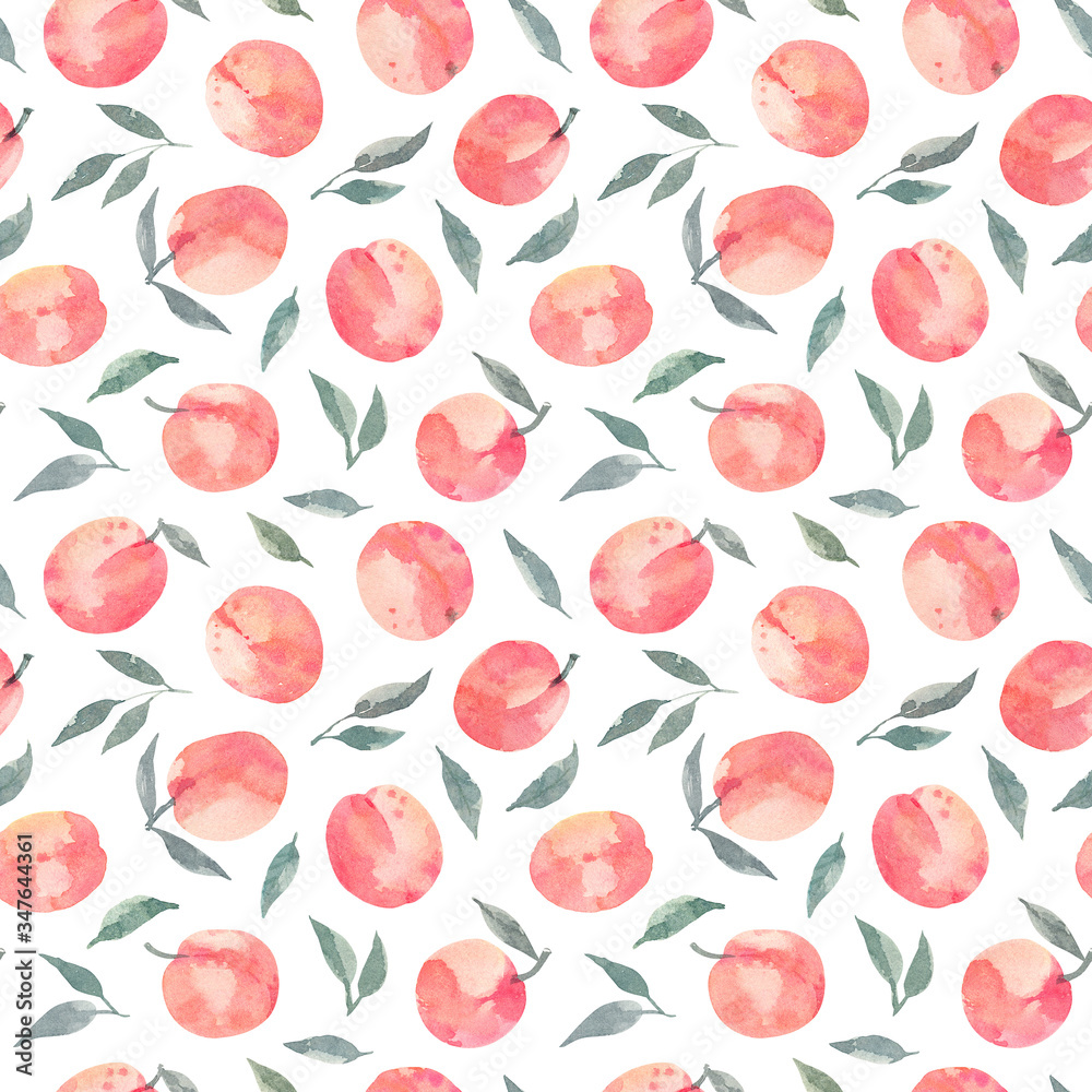 Seamless pattern with pink peaches. For wrapping paper and fabric. Elements for decoration and baby room interior. Hand drawn watercolor illustration. Isolated on white background Seamless pattern with pink peaches. For wrapping paper and fabric. Elements for decoration and baby room interior. Hand drawn watercolor illustration. Isolated on white background