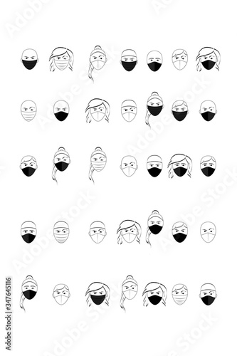 A set of images of a masked person. Epidemic, vector graphics, simple shapes, black and white, emotions