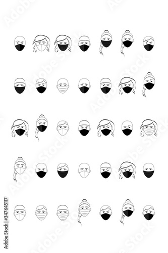A set of images of a masked person. Epidemic, vector graphics, simple shapes, black and white, emotions
