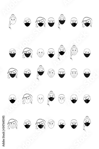 A set of images of a masked person. Epidemic, vector graphics, simple shapes, black and white, emotions