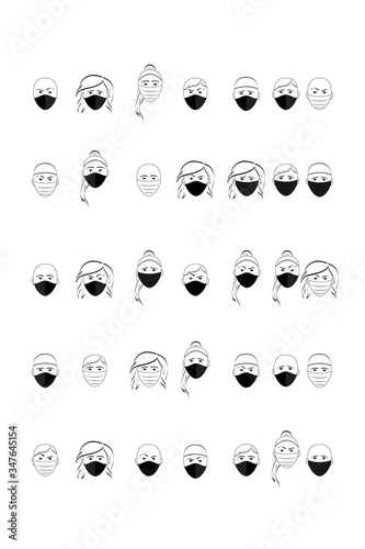 A set of images of a masked person. Epidemic, vector graphics, simple shapes, black and white, emotions