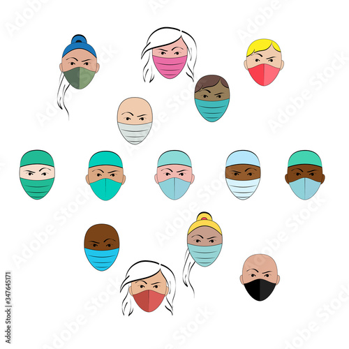 A set of images of a masked person. Epidemic, vector graphics, simple shapes, black and white, emotions