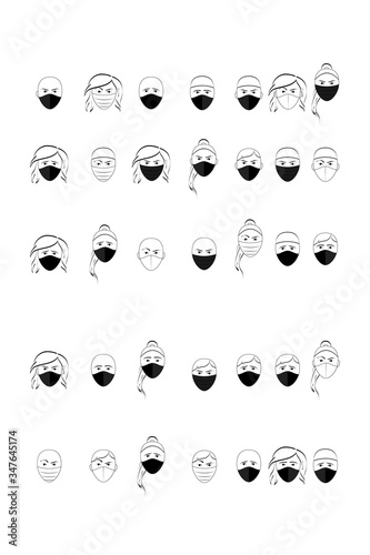 A set of images of a masked person. Epidemic, vector graphics, simple shapes, black and white, emotions