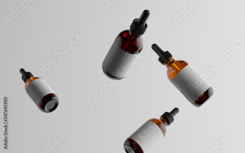 Amber Glass Dropper Bottle Mockup - Multiple Floating Bottles. Blank Label photo