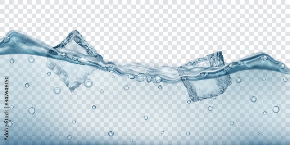 Translucent ice cubes and air bubbles floating in water on transparent ...