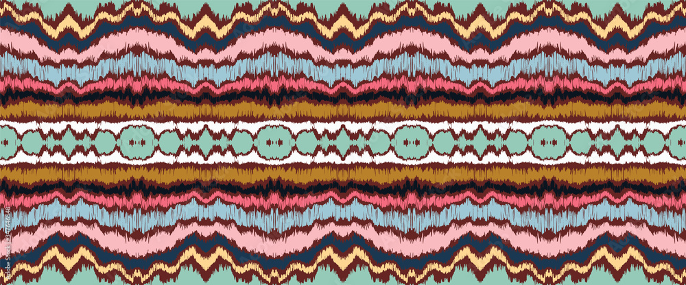 Ikat border. Geometric folk ornament. Ink on clothes. Tribal vector texture. Seamless striped pattern in Aztec style. Ethnic embroidery. Indian, Scandinavian, Gypsy, Mexican, African rug. Ikat border. Geometric folk ornament. Ink on clothes. Tribal vector texture. Seamless striped pattern in Aztec style. Ethnic embroidery. Indian, Scandinavian, Gypsy, Mexican, African rug.
