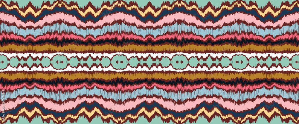 Ikat border. Geometric folk ornament. Ink on clothes. Tribal vector texture. Seamless striped pattern in Aztec style. Ethnic embroidery. Indian, Scandinavian, Gypsy, Mexican, African rug.