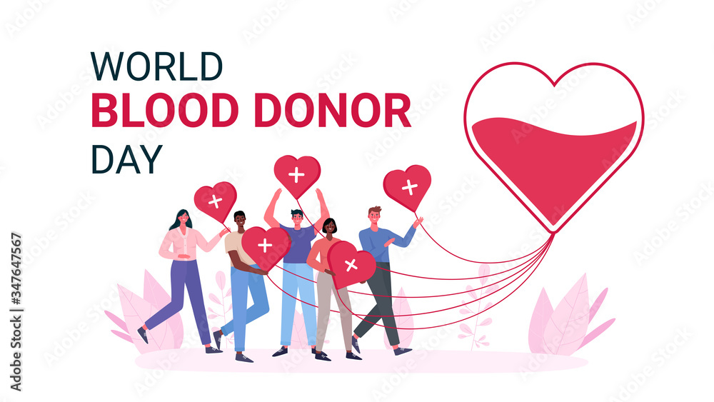 Volunteers woman and man donating blood. Blood donor charity. World Blood Donor Day, Health Care.People are holding hearts. For banner, poster, card, web, landing page.Flat cartoon vector illustration Volunteers woman and man donating blood. Blood donor charity. World Blood Donor Day, Health Care.People are holding hearts. For banner, poster, card, web, landing page.Flat cartoon vector illustration