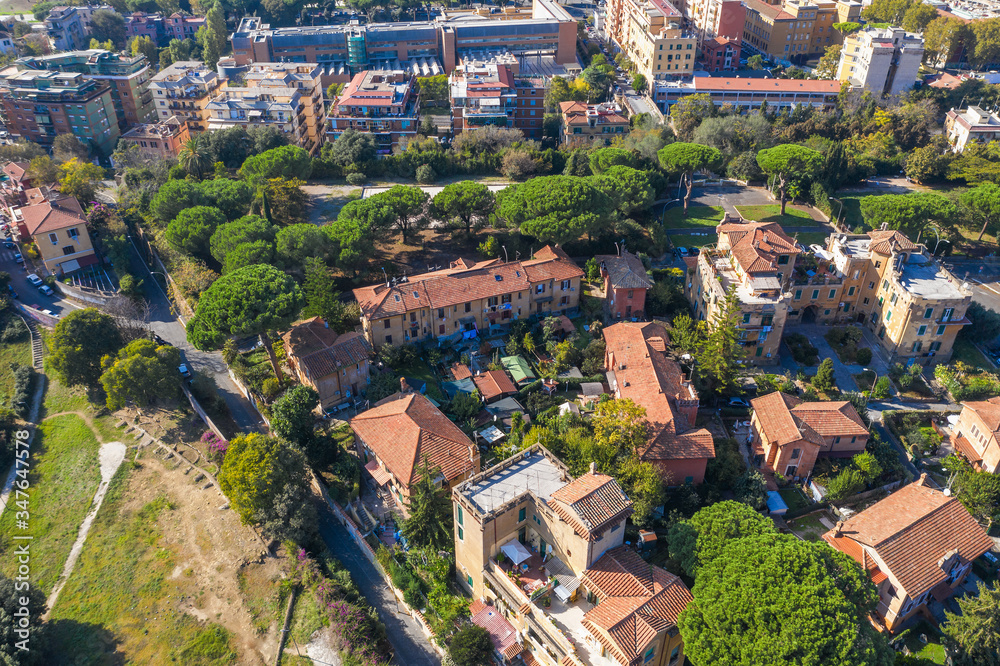 Aerial view of Italian buildings, houses and apartments from above, Rome cityscape.