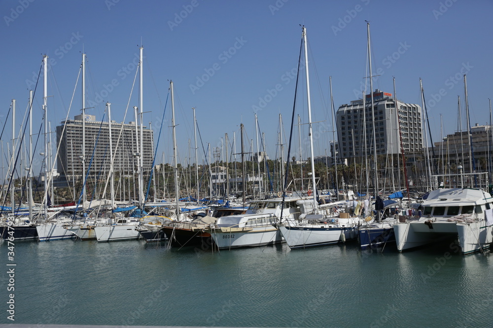 yacht and boats in marina in Tel Aviv Israel