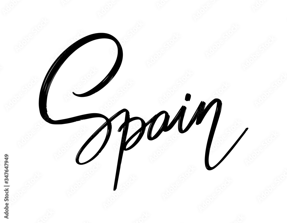 Spain. Vector hand drawn lettering isolated. Template for card, poster, banner, print for t-shirt, pin, badge, patch. Spain. Vector hand drawn lettering isolated. Template for card, poster, banner, print for t-shirt, pin, badge, patch.