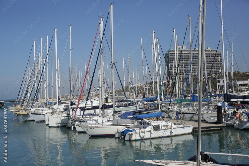 boats and yachts in the harbor or marina. Poster, banner, background