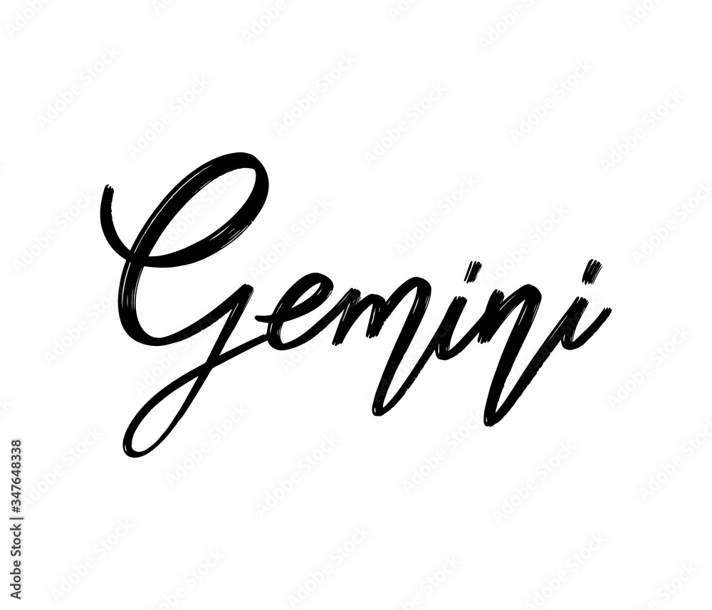 Gemini. Vector hand drawn lettering isolated. Template for card, poster, banner, print for t-shirt, pin, badge, patch. Gemini. Vector hand drawn lettering isolated. Template for card, poster, banner, print for t-shirt, pin, badge, patch.