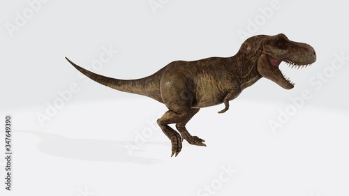3D rendering of a dinosaur Tyrannosaurus Rex isolated on white background. 3D illustration of rendering of a Tyrannosaurus Rex roaring © adis97