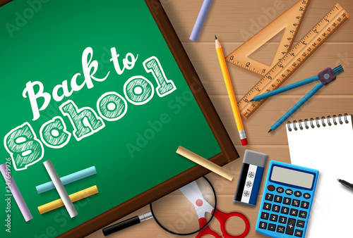 Back to school vector concept design. Back to school text in chalk board with student supplies like pencil, calculator, chalk, ruler and magnifying glass element in wood texture background.