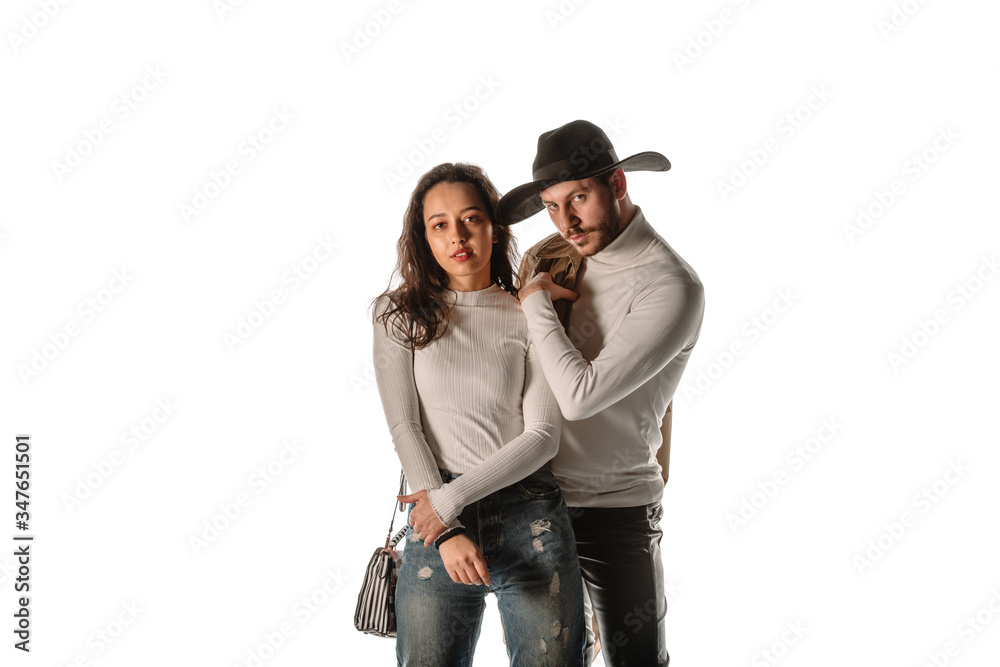 Stylish fashion pair against white background Stylish fashion pair against white background
