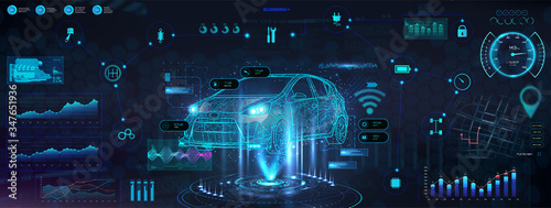 Hud diagnostic auto with hologram car. Futuristic User Interface with auto in polygonal style, wireframe in line. Auto service in HUD style. Information and infographic with ui. Vector illustration