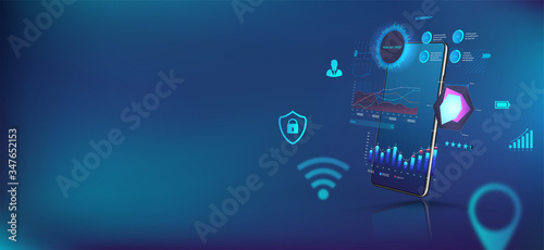 Mobile App with business charts, diagrams and data infographics on perspective smartphone. Analysis trends and financial strategy by mobile application. UI, UX, KIT concept. Vector illustration