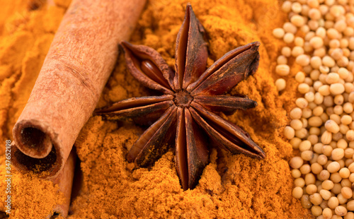 Different spices. Cinnamon sticks, star anise, mustard seeds and turmeric powder. Macro