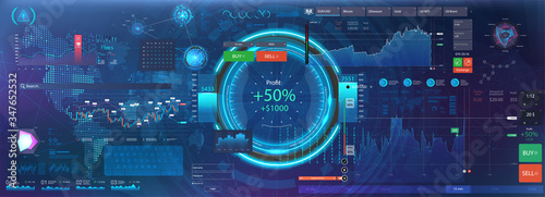 Set graphics and charts, forex market and trading elements. Data and statistic, information and infographic. UI, UX, KIT and HUD interface. Futuristic infographics. Business background. Vector