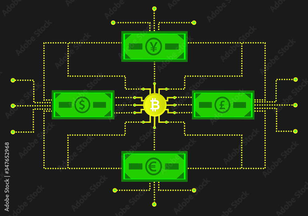 American dollar, japanese yen, UK pound, euro and bitcoin money symbols flat vector. world economy money exchange concept. American dollar, japanese yen, UK pound, euro and bitcoin money symbols flat vector. world economy money exchange concept.