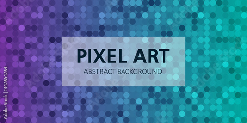 Pixel abstract art with colorful circle on violet to turquoise background